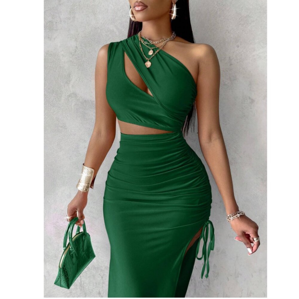 Asymmetrical Neck Bodycon Dress With Ruched Drawstring And Open Slit
